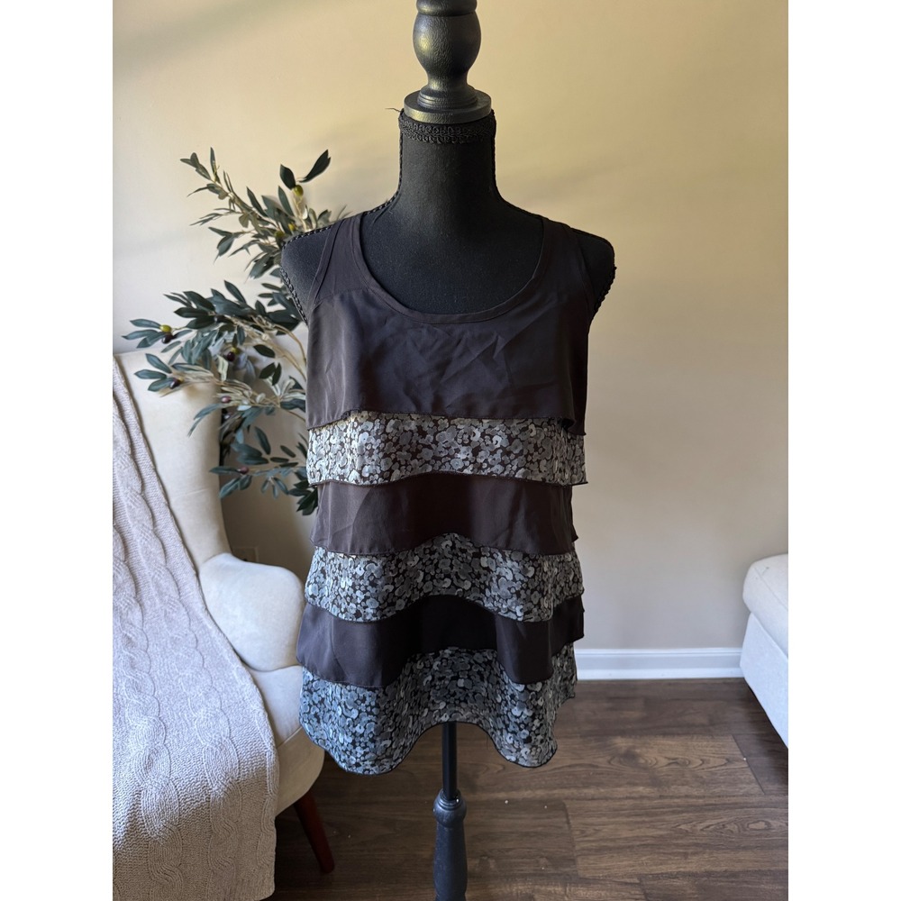 Kylee Womens Black Silver Sequin Tiered Tank Top Racerback Back Zip Blouse Small